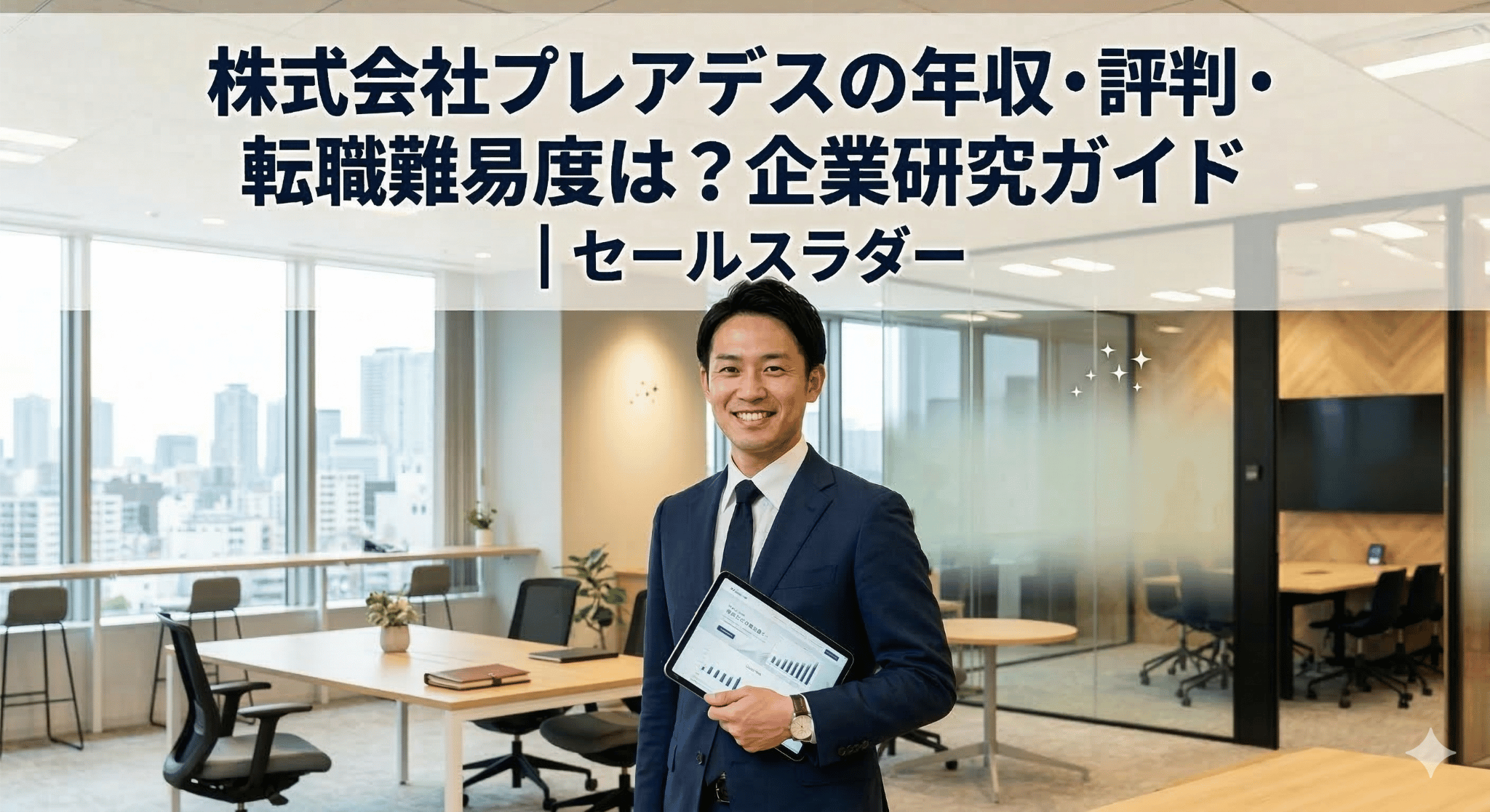 株式会社プレアデスの年収・評判・転職難易度を解説するアイキャッチ画像。ビジネスマンがタブレットを操作し、グラフと「株式会社プレアデスの年収・評判・転職難易度は？企業研究ガイド」という文字が記載されている。