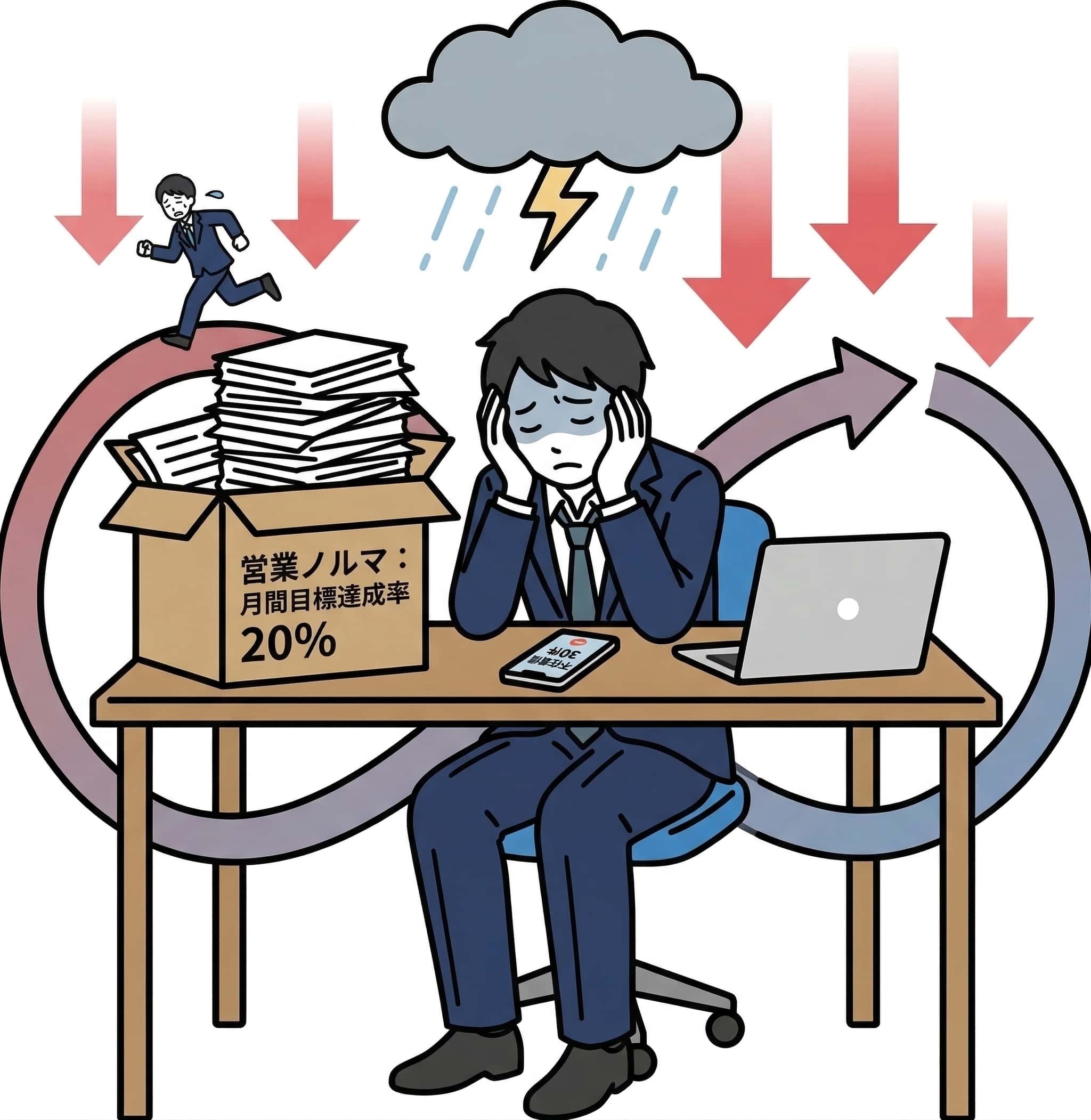 デスクで頭を抱え、営業ノルマや山積みの書類に疲れ果てている男性会社員のイラスト。