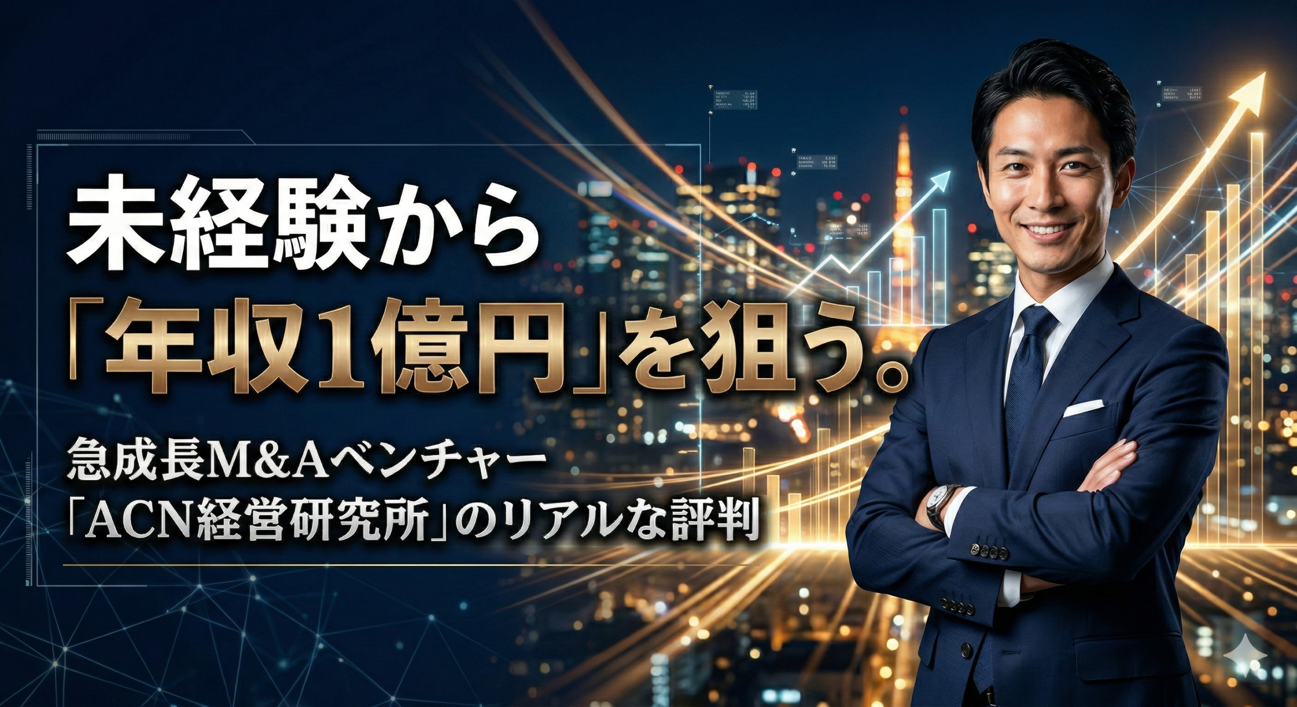 株式会社ACN経営研究所の年収・評判・転職難易度を解説するアイキャッチ画像。都会的なオフィス街の背景に、プロフェッショナルなビジネスマンと「ACN経営研究所の年収・評判・転職難易度は？完全ガイド」というテキストが記載されている。