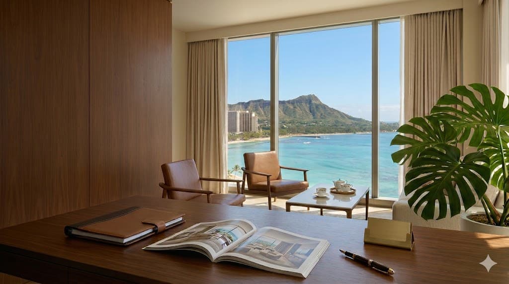 ハワイの高級オフィス風景 ダイヤモンドヘッドとワイキキビーチの眺望